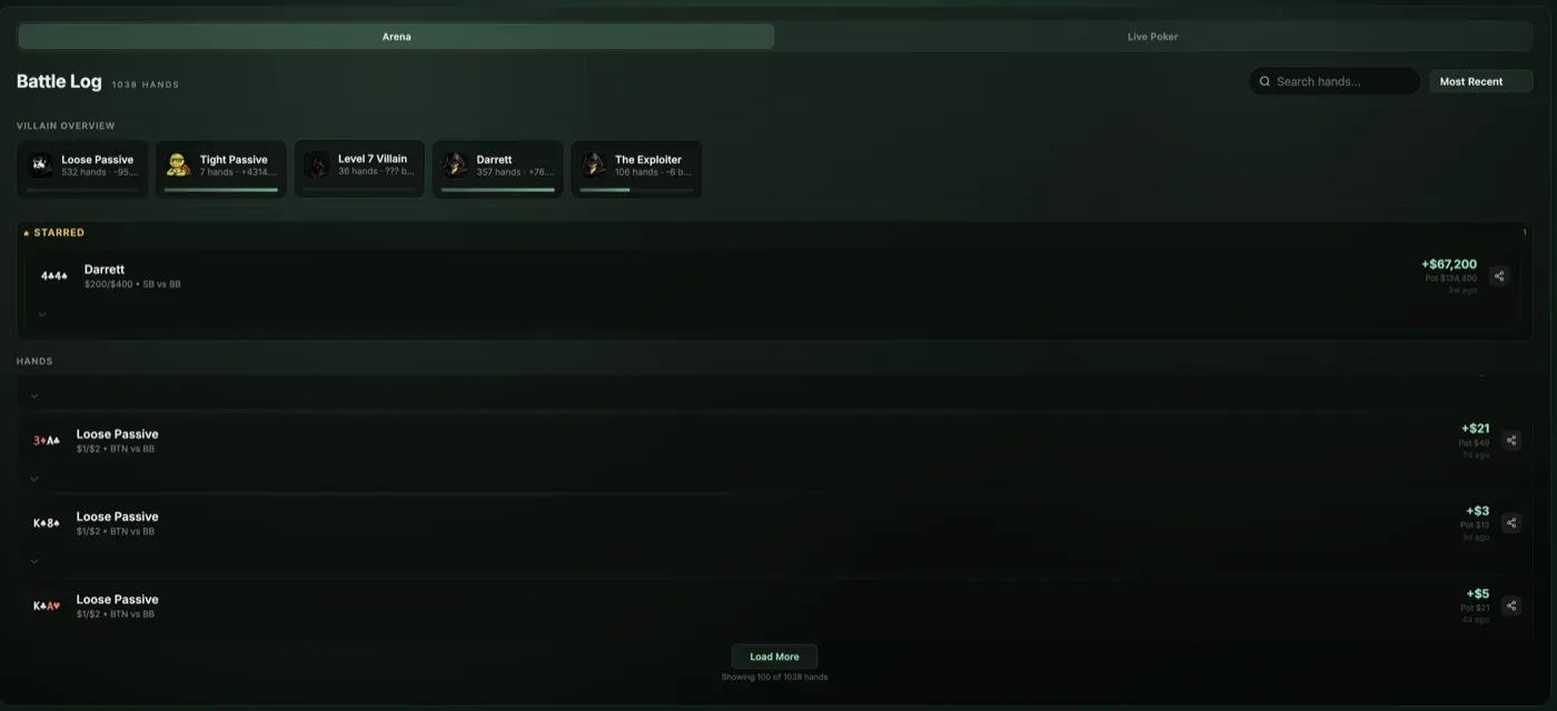 Battle log showing a searchable list of recorded hands with villain, position, and result