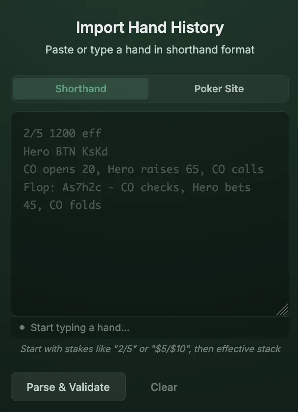 Hand history import panel with paste area and format auto-detection