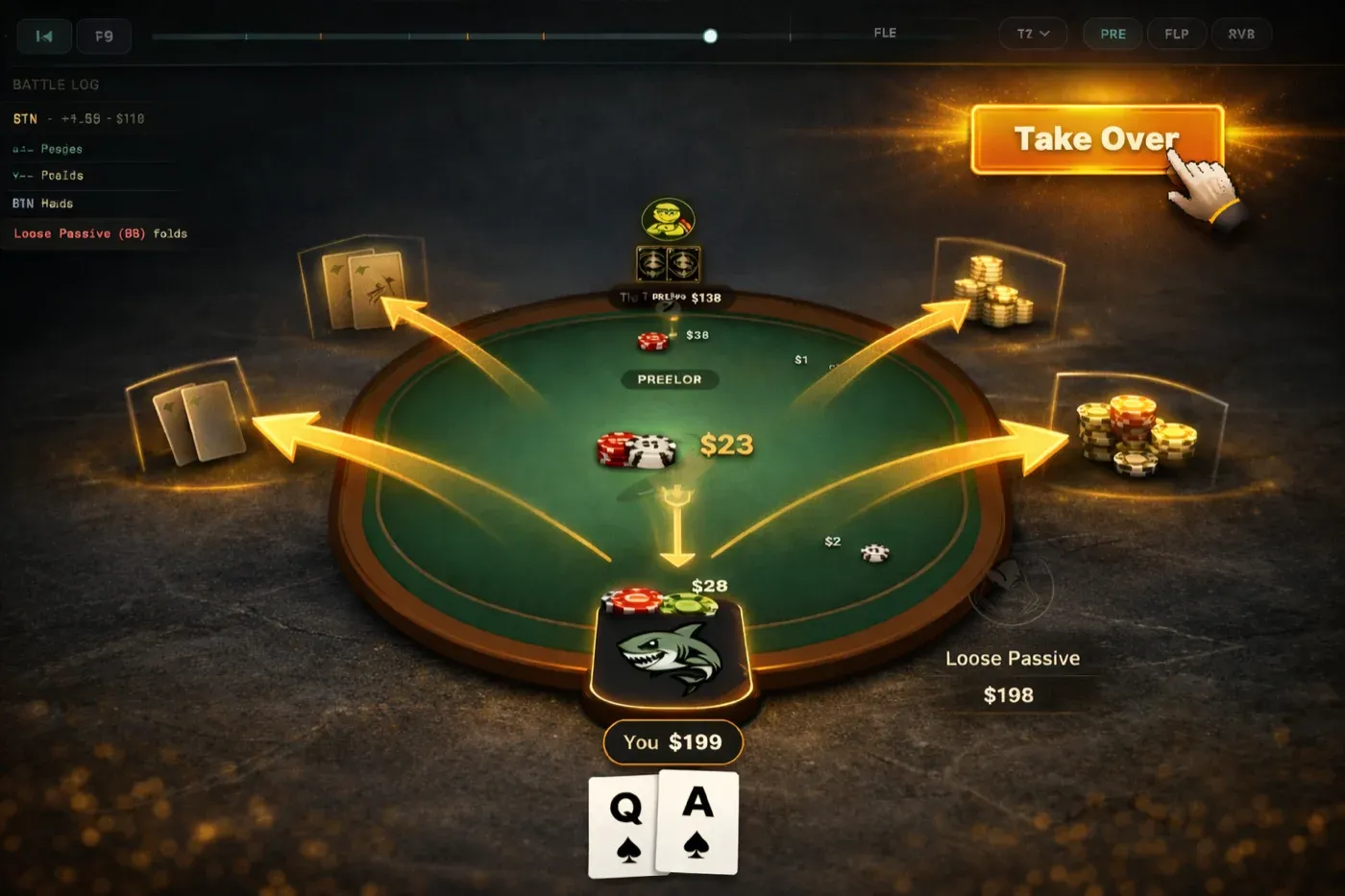 Drill replay mode showing the felt table with Take Over button active