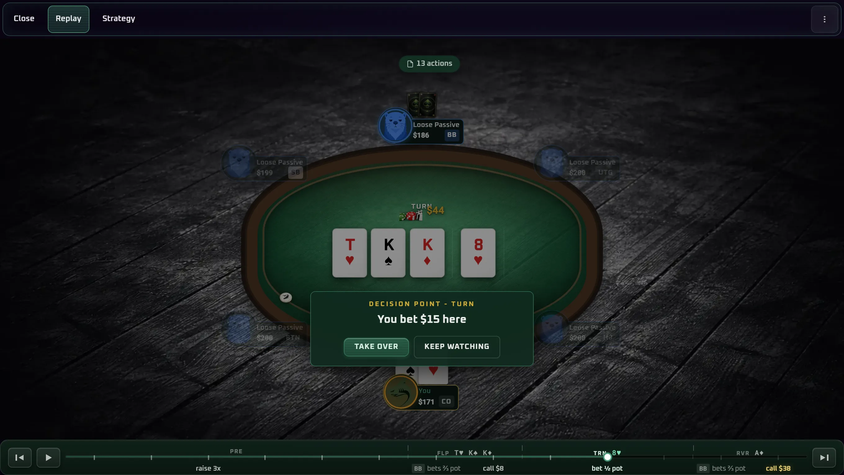 A Hand Lab replay paused at your decision, with the Take over button to play a different line from that point.