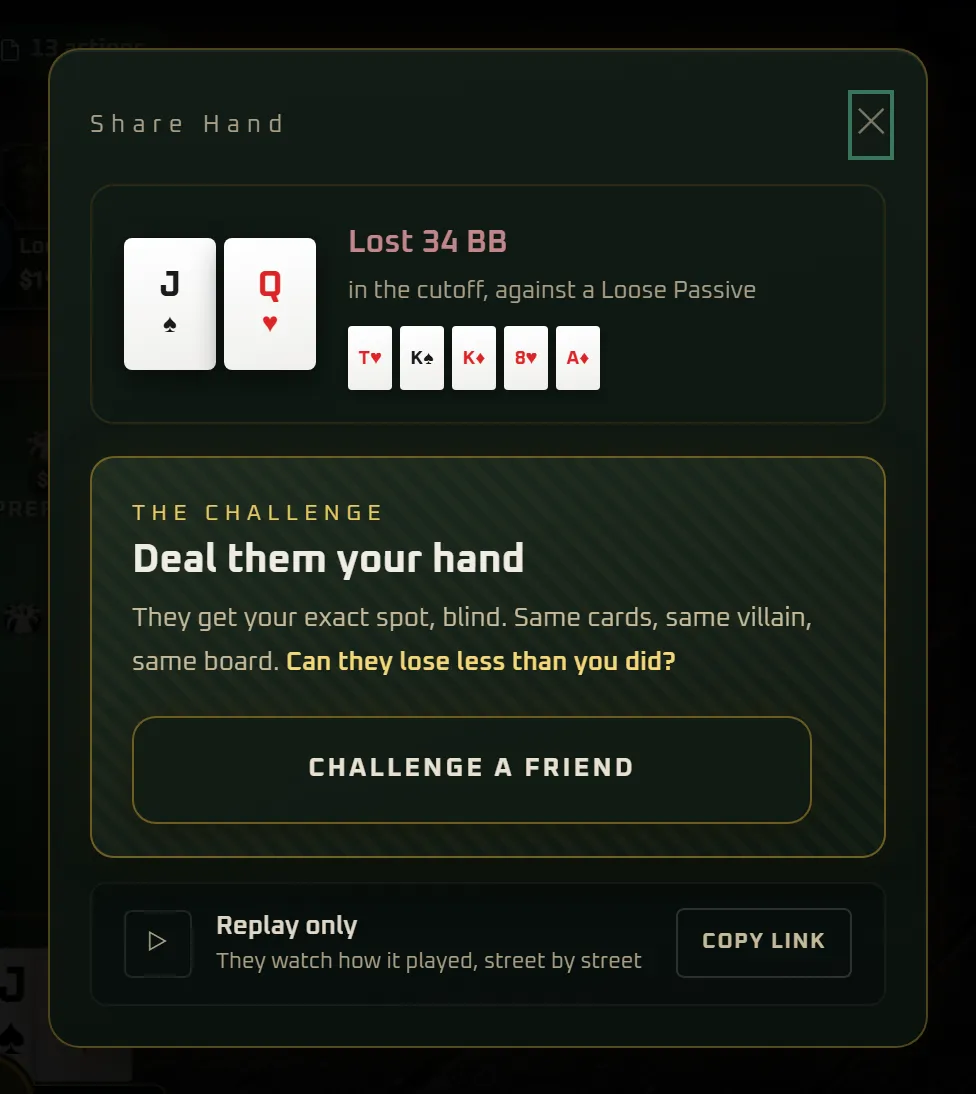 The share window for a saved hand: challenge a friend to play your exact spot, or copy a replay link.