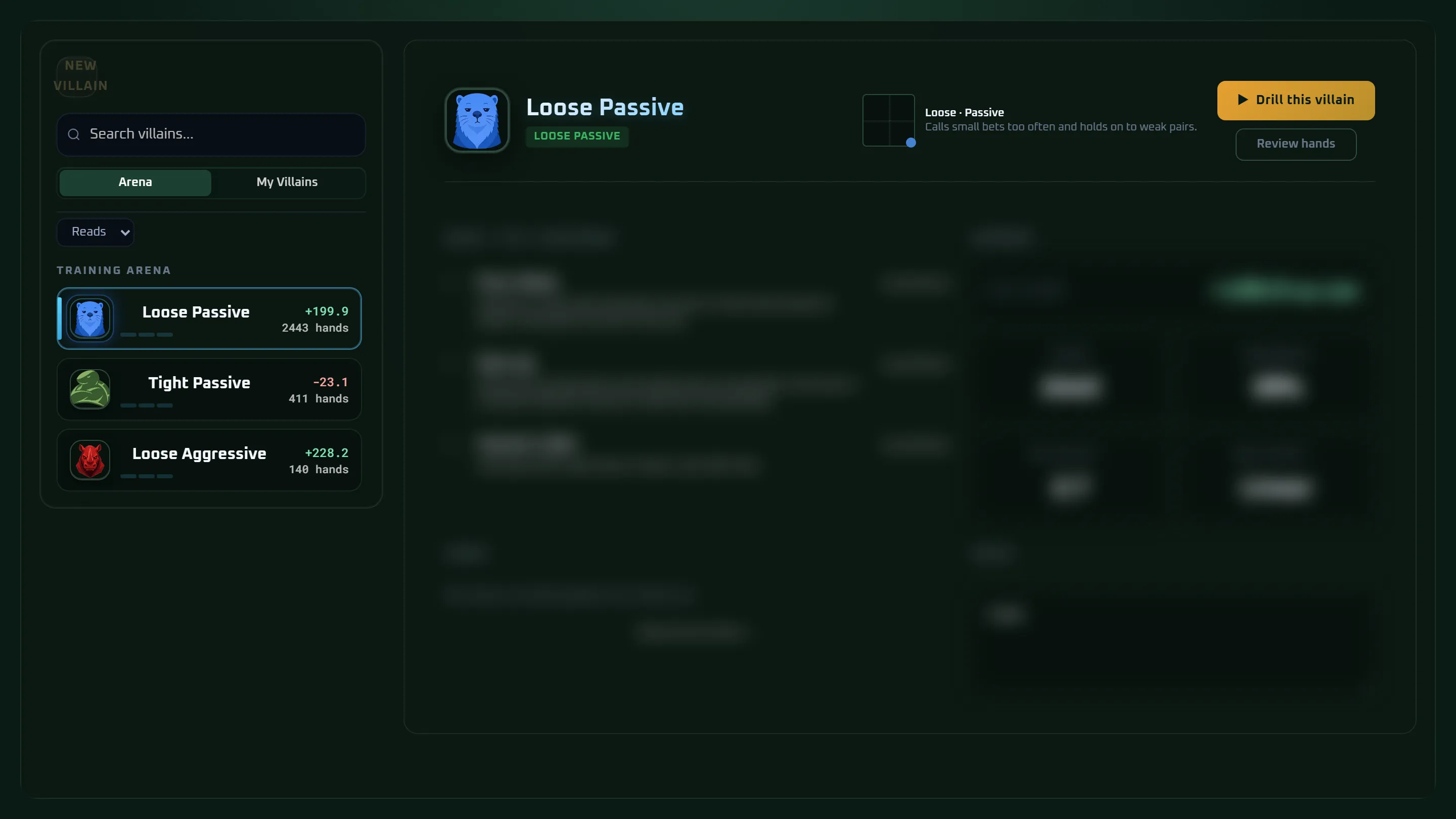The Opponents tab: the roster of player types on the left, with your results against each, and the Loose Passive file open on the right.