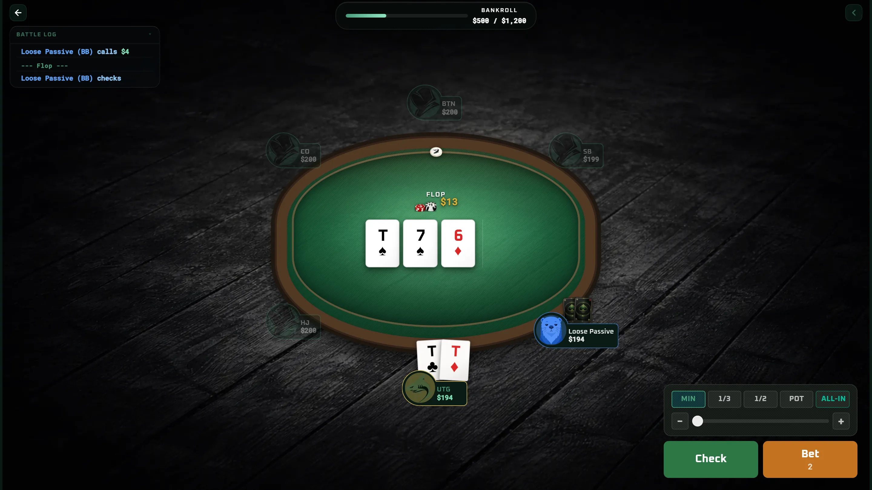 The full Arena table at a flop decision, with the battle log, the bankroll bar and the bet controls.